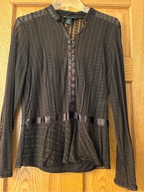INC International Concepts Brown Sheer Lace Button-Up Blouse